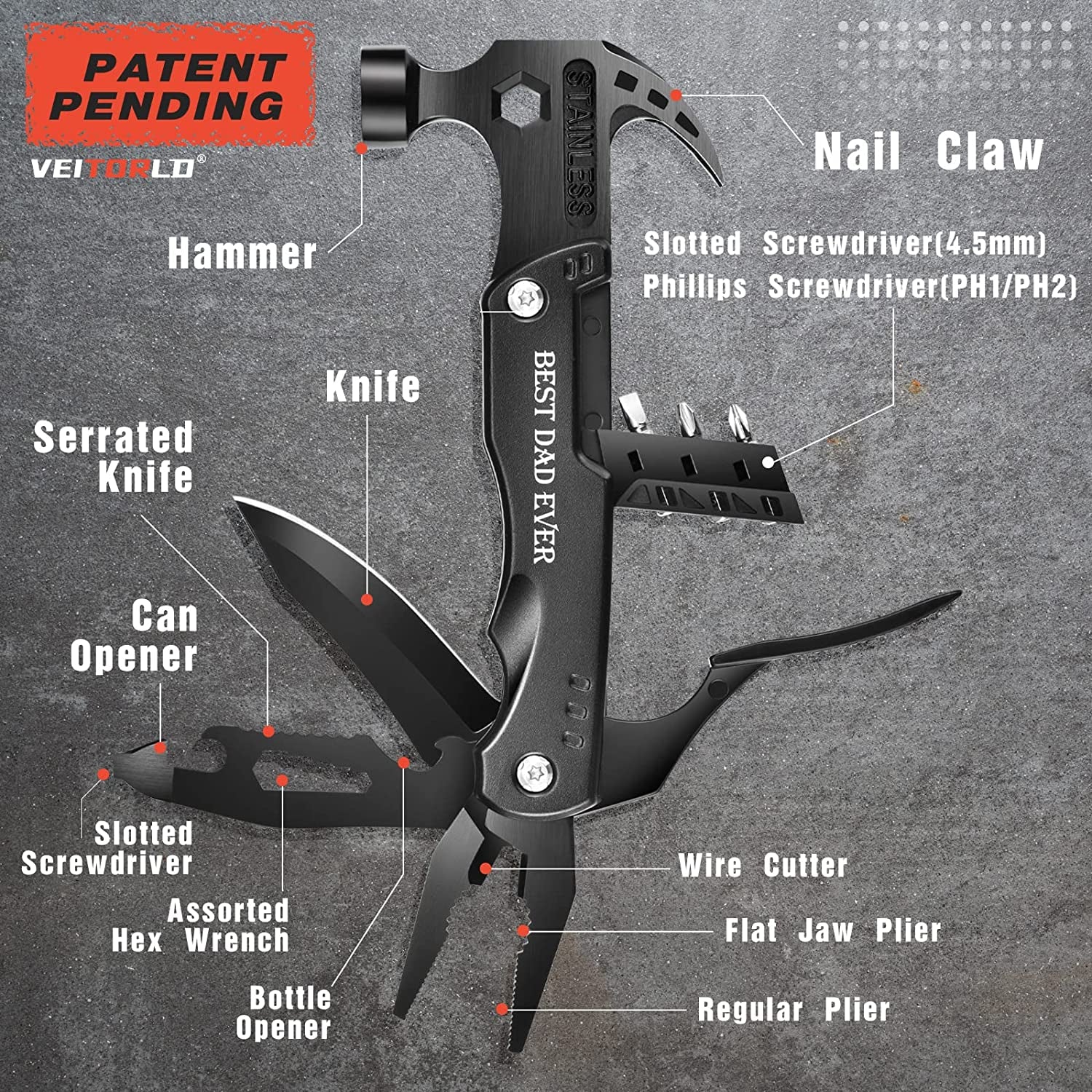 Gifts for Men Dad, Cool Fathers Day Birthday Gifts Ideas for Men Grandpa Papa from Daughter Wife Son, BEST DAD EVER Gift, All in One Survival Tools Hammer Multitool, Camping Hunting Presents
