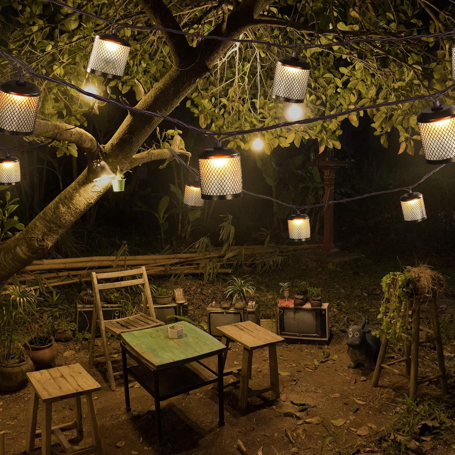 Metal Lantern Lights String，9.83Ft Decorative String Lights for Room Decor,  Black Metal Hanging Lanterns Lights Outdoor Patio Decorations