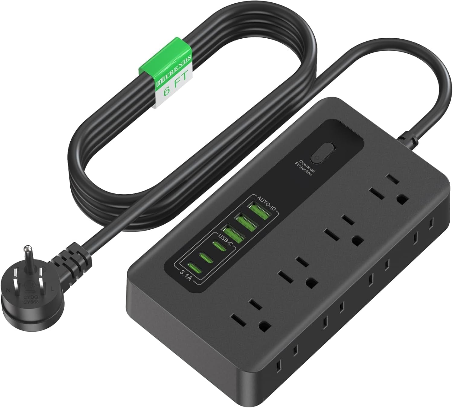 Power Strip with USB,  6 Ft Surge Protector Flat Plug Extension Cord with 8 Outlets 3 USB Ports & 3 Type-C Port (5V/3A), Outlet Extender for Home Office,Black