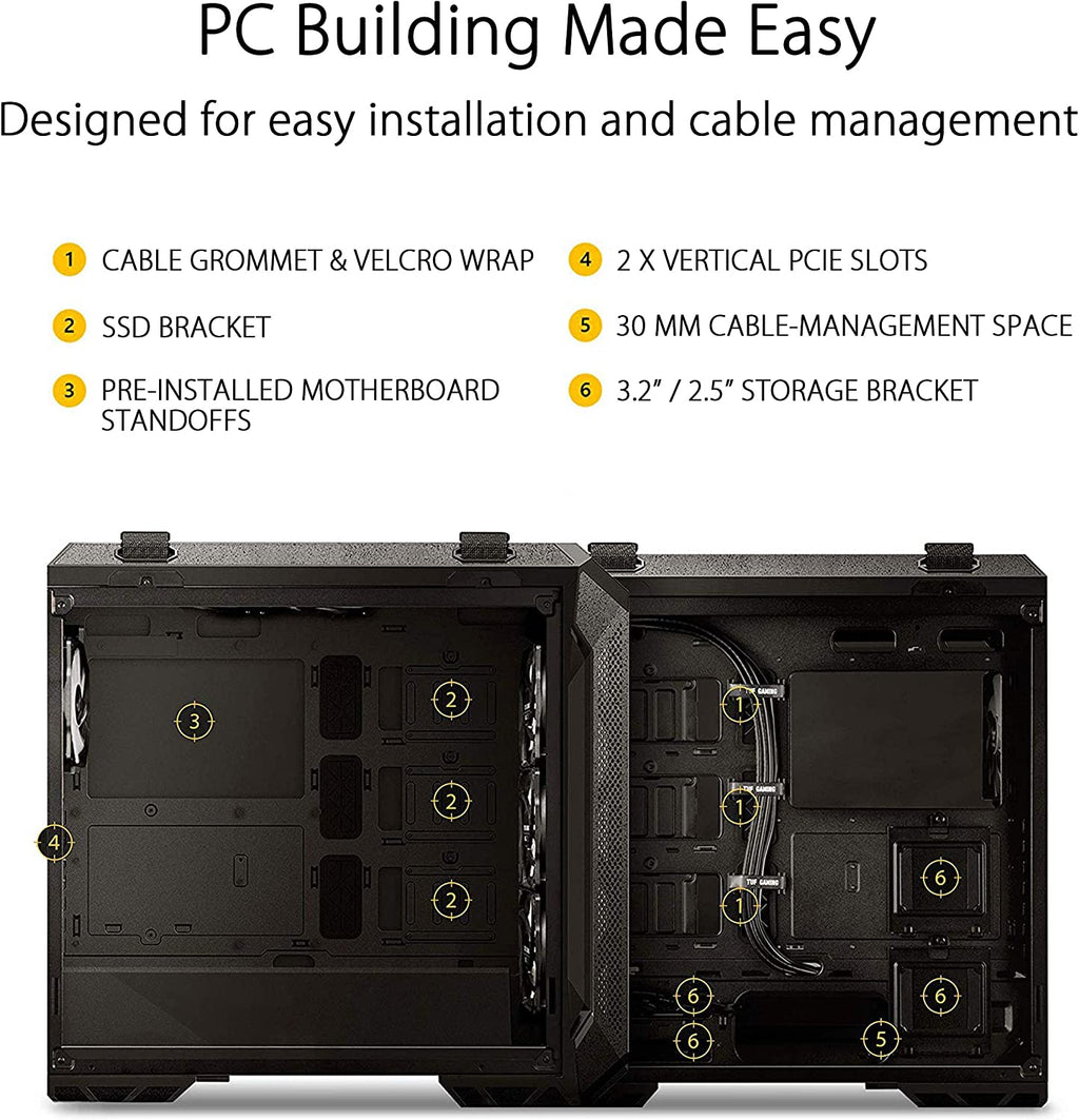 TUF Gaming GT501 Mid-Tower Gaming Case, EATX Support, Pre-Installed 4 Case Fans, USB 3.0 Front Panel, Smoked Tempered Glass, Steel Construction, 2 Year Warranty