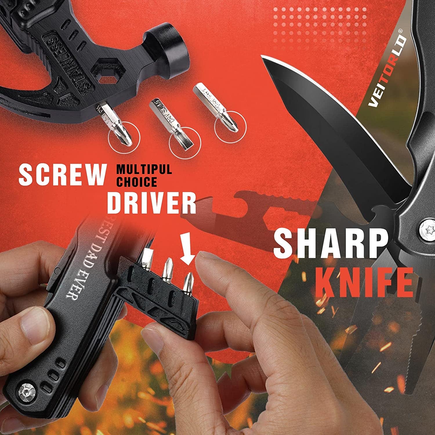 Gifts for Men Dad, Cool Fathers Day Birthday Gifts Ideas for Men Grandpa Papa from Daughter Wife Son, BEST DAD EVER Gift, All in One Survival Tools Hammer Multitool, Camping Hunting Presents