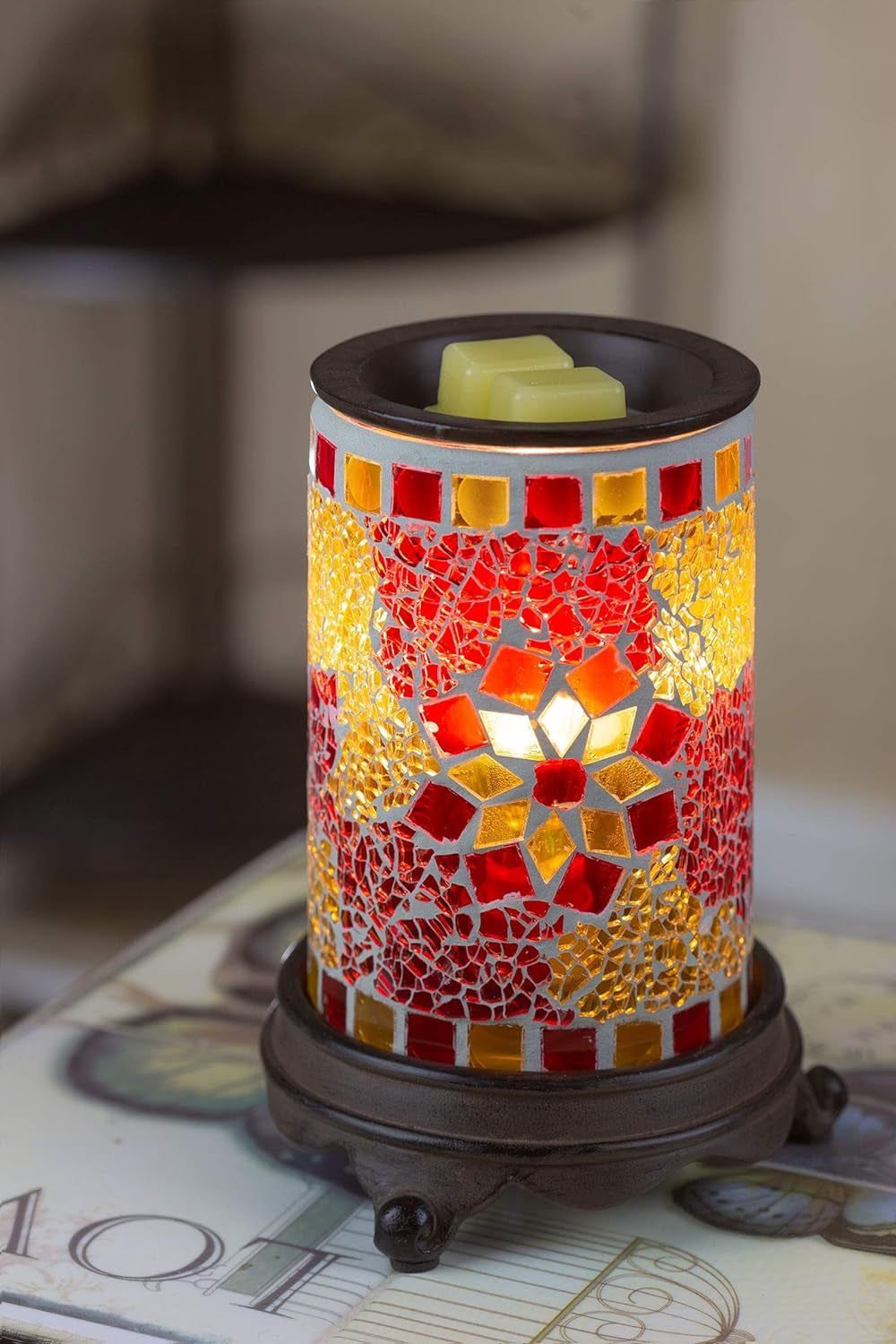 Wall Plug-In Wax Warmer for Scented Wax Mosaic Glass Ruby and Gold Electric Home Fragrance Warmer for Essential Oils Candle Wax Melts and Tarts Scent Warmer Night Light
