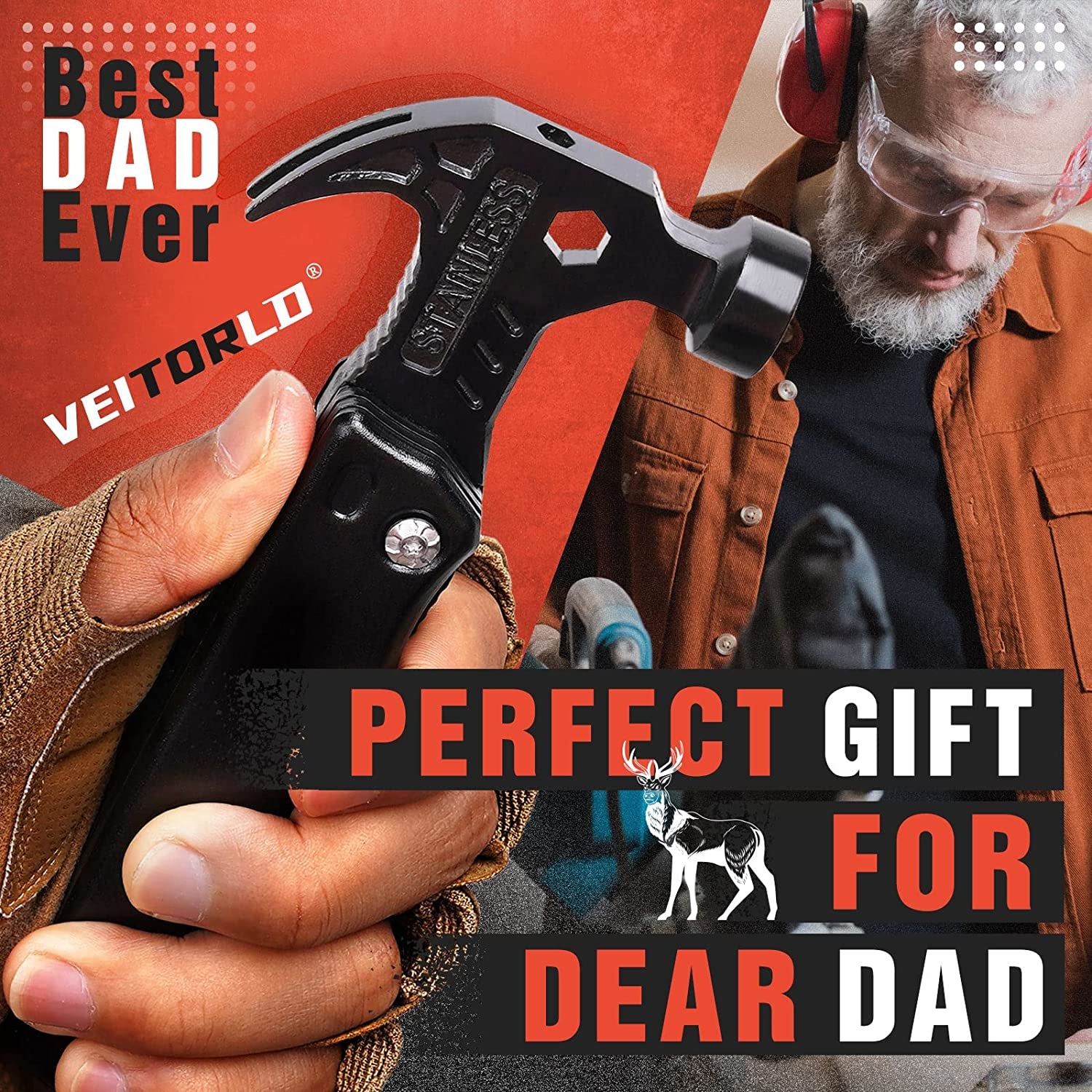 Gifts for Men Dad, Cool Fathers Day Birthday Gifts Ideas for Men Grandpa Papa from Daughter Wife Son, BEST DAD EVER Gift, All in One Survival Tools Hammer Multitool, Camping Hunting Presents