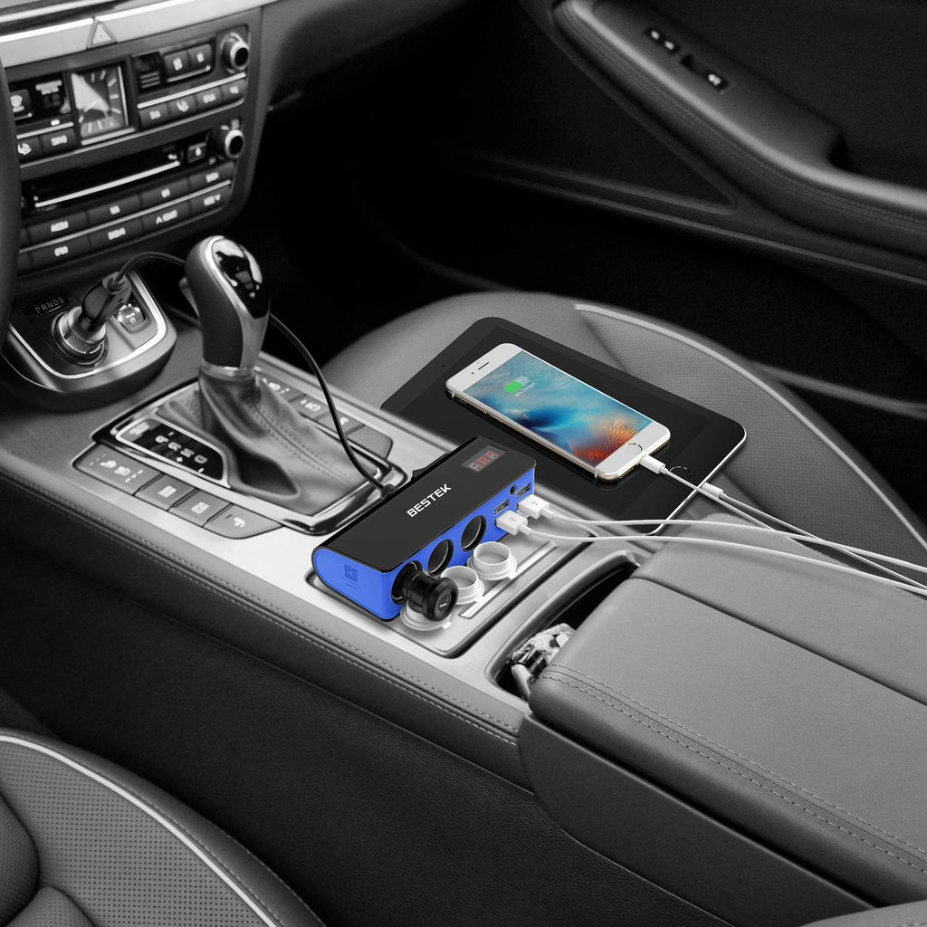 200W Cigarette Lighter Splitter with 4 * 2.4A USB-A and 3 Socket Cigarette Lighter Adapter for Dash Cam, GPS, Ipad/Laptop/Phone [Blue]