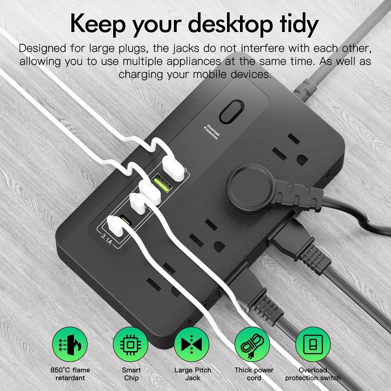 Power Strip with USB,  6 Ft Surge Protector Flat Plug Extension Cord with 8 Outlets 3 USB Ports & 3 Type-C Port (5V/3A), Outlet Extender for Home Office,Black