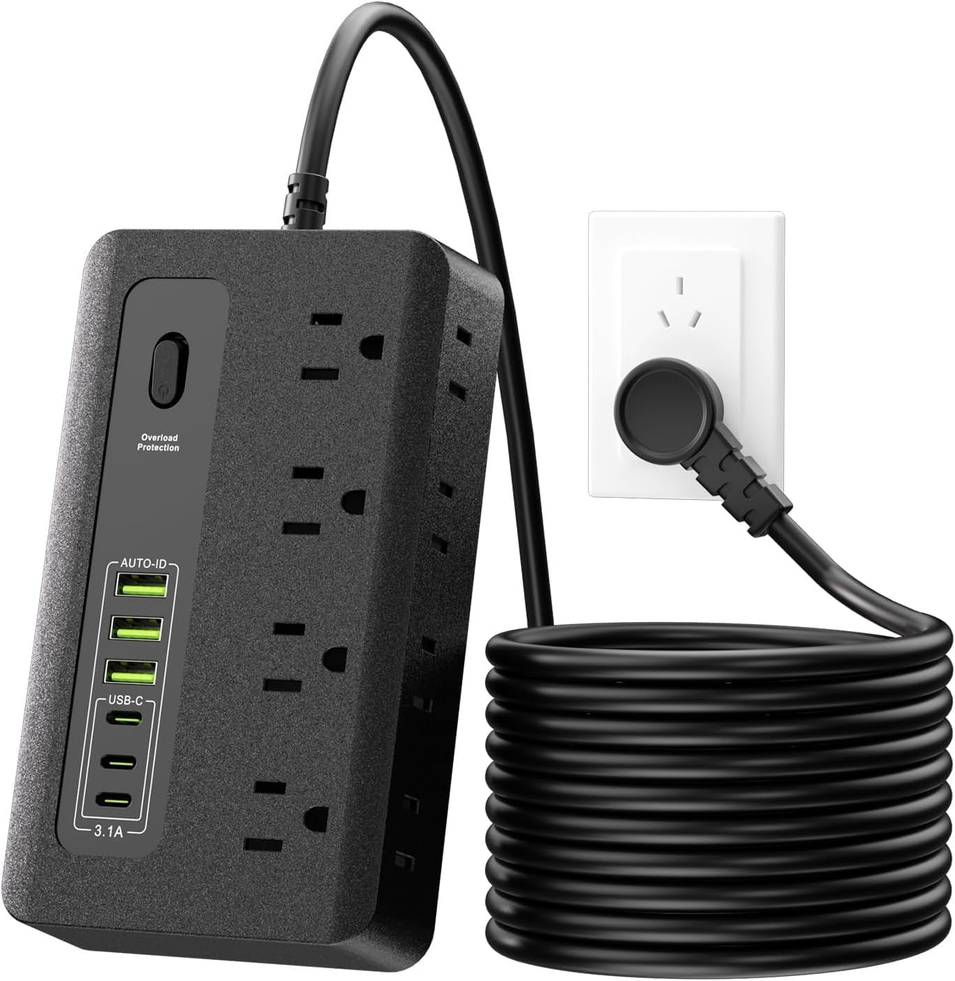 Power Strip with USB,  6 Ft Surge Protector Flat Plug Extension Cord with 8 Outlets 3 USB Ports & 3 Type-C Port (5V/3A), Outlet Extender for Home Office,Black