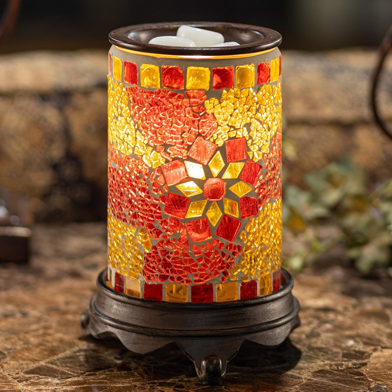 Wall Plug-In Wax Warmer for Scented Wax Mosaic Glass Ruby and Gold Electric Home Fragrance Warmer for Essential Oils Candle Wax Melts and Tarts Scent Warmer Night Light
