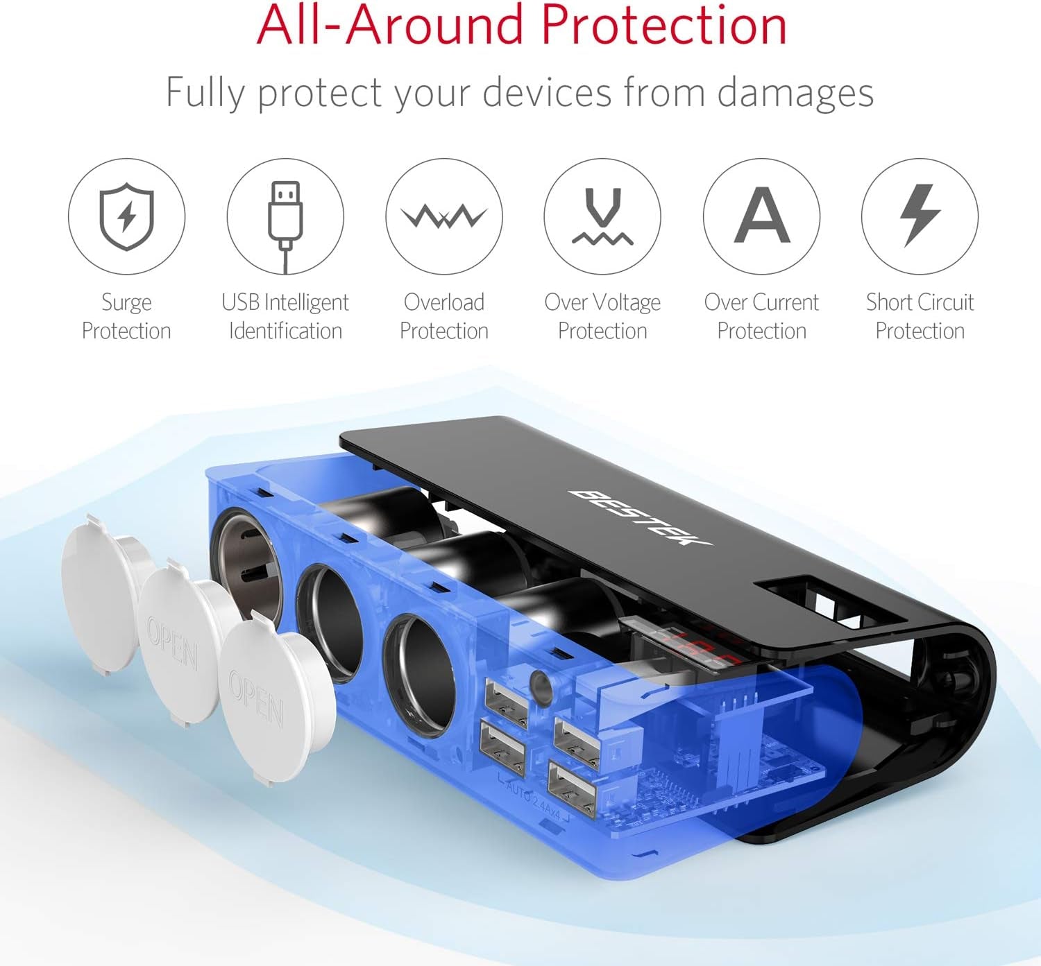200W Cigarette Lighter Splitter with 4 * 2.4A USB-A and 3 Socket Cigarette Lighter Adapter for Dash Cam, GPS, Ipad/Laptop/Phone [Blue]