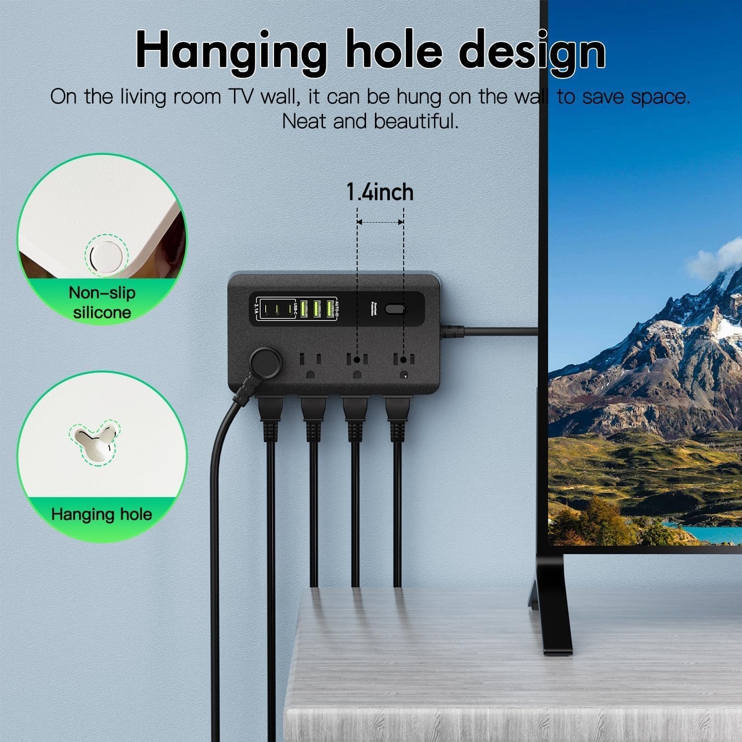 Power Strip with USB,  6 Ft Surge Protector Flat Plug Extension Cord with 8 Outlets 3 USB Ports & 3 Type-C Port (5V/3A), Outlet Extender for Home Office,Black