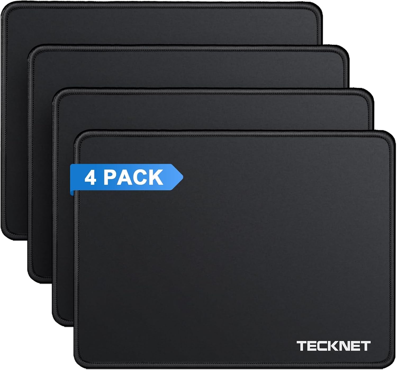 4 Pack Mouse Pad with Anti-Fray Stitching, Waterproof Surface & Non-Slip Rubber Base with Stitched Edges Gaming Mouse Mat for Laptop, Compatible with Laser and Optical Mice - Black